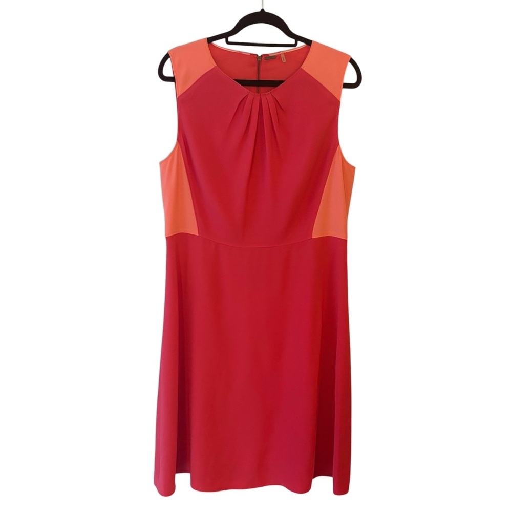Elie Tahari Fit and Flare Color Block Crepe Dress size 14 coral and orange